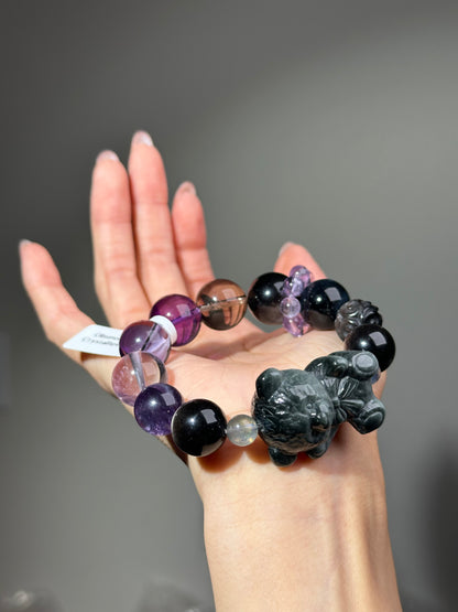 Hawk's Eye Stone Bear Bracelet with Black and Amethyst Crystals