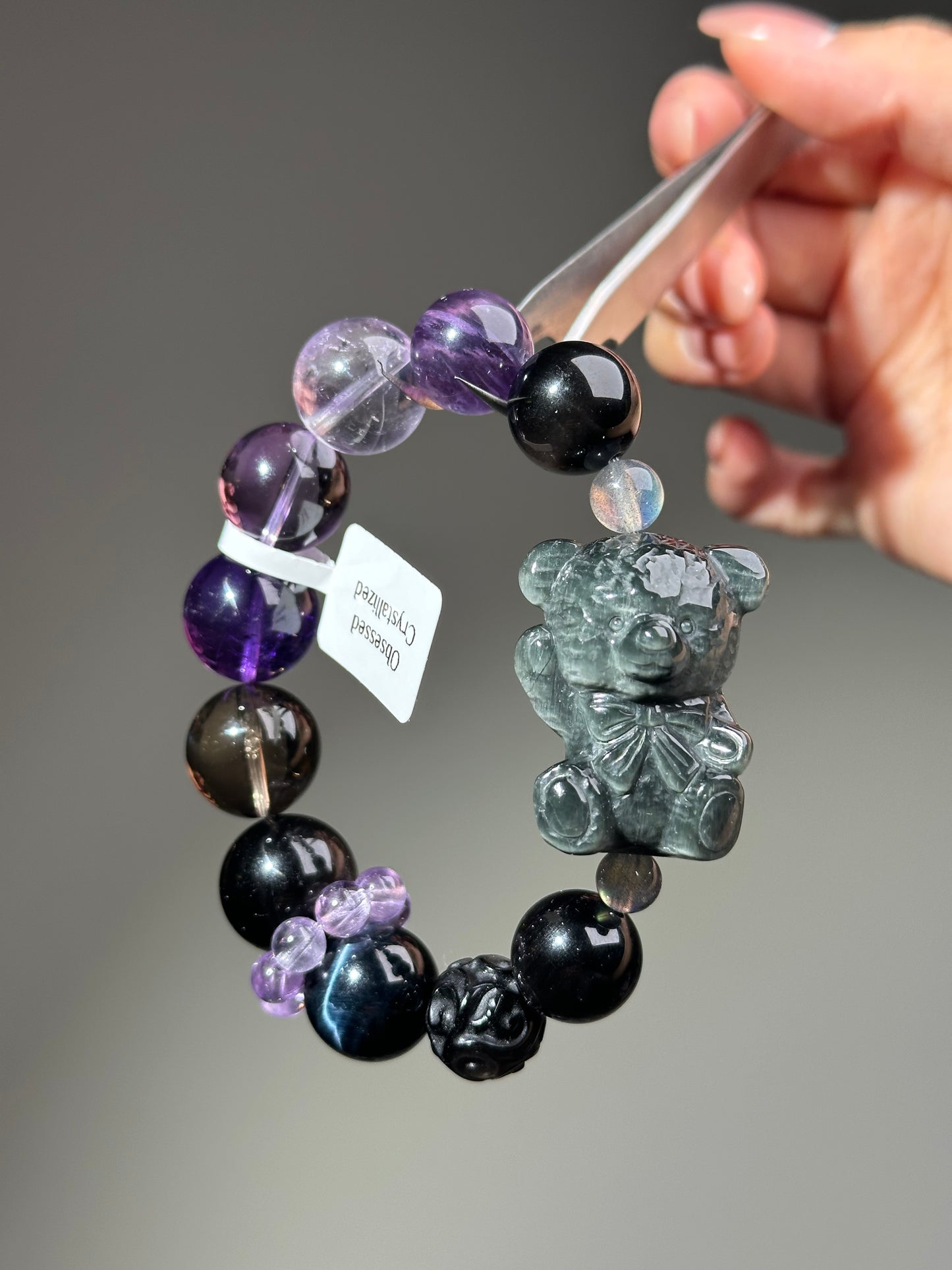 Hawk's Eye Stone Bear Bracelet with Black and Amethyst Crystals