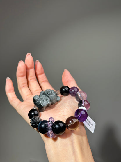 Hawk's Eye Stone Bear Bracelet with Black and Amethyst Crystals